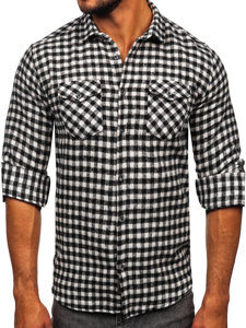 Men's Checkered Long Sleeve Flannel Shirt Black-White Bolf 22701