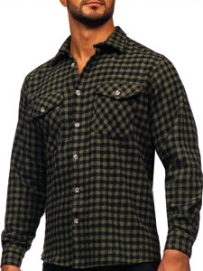 Men's Checkered Long Sleeve Flannel Shirt Green Bolf 22701