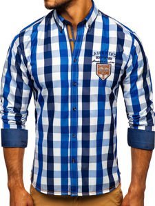 Men's Checkered Long Sleeve Shirt Blue Bolf 1766-1