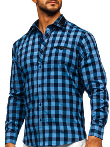 Men's Checkered Long Sleeve Shirt Navy Blue Bolf 19605