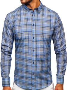 Men's Checkered Long Sleeve Shirt Navy Blue Bolf 22748