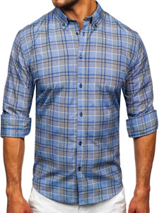 Men's Checkered Long Sleeve Shirt Navy Blue Bolf 22748