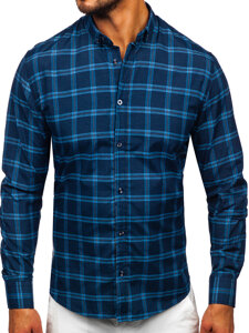 Men's Checkered Long Sleeve Shirt Navy Blue Bolf 22749