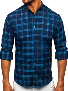 Men's Checkered Long Sleeve Shirt Navy Blue Bolf 22749