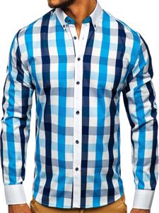 Men's Checkered Long Sleeve Shirt Turquoise Bolf 9718