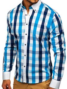 Men's Checkered Long Sleeve Shirt Turquoise Bolf 9718