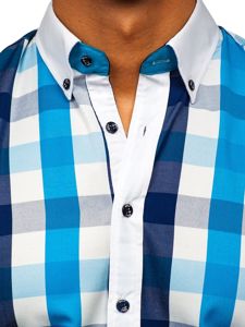 Men's Checkered Long Sleeve Shirt Turquoise Bolf 9718