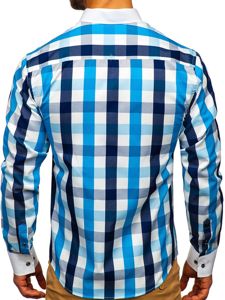 Men's Checkered Long Sleeve Shirt Turquoise Bolf 9718