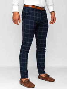 Men's Cotton Checkered Chinos Navy Blue Bolf 0036