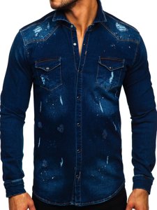 Men's Denim Long Sleeve Shirt Navy Blue Bolf R801