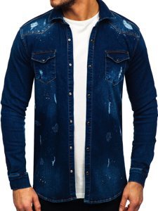 Men's Denim Long Sleeve Shirt Navy Blue Bolf R801