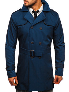 Men's Double-Breasted Trench Coat with High Collar and Belt Light Blue Bolf 0001