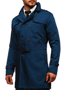 Men's Double-Breasted Trench Coat with High Collar and Belt Light Blue Bolf 0001