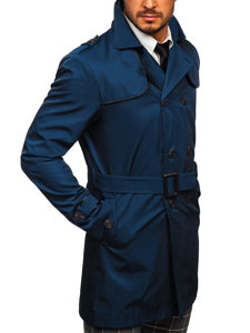 Men's Double-Breasted Trench Coat with High Collar and Belt Light Blue Bolf 0001