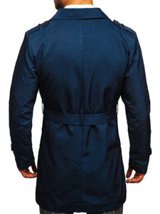 Men's Double-Breasted Trench Coat with High Collar and Belt Light Blue Bolf 0001