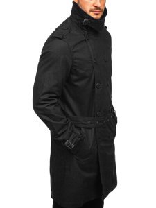 Men's Double-breasted Trench Coat with High Collar and Belt Black Bolf 5569