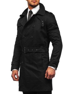 Men's Double-breasted Trench Coat with High Collar and Belt Black Bolf 5569