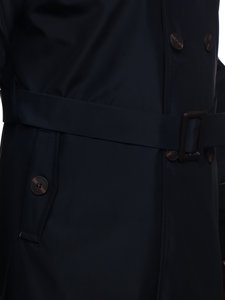 Men's Double-breasted Trench Coat with High Collar and Belt Navy Blue Bolf 0001