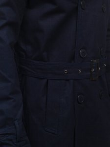 Men's Double-breasted Trench Coat with High Collar and Belt Navy Blue Bolf 5569