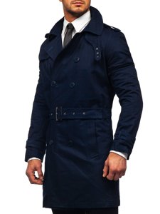 Men's Double-breasted Trench Coat with High Collar and Belt Navy Blue Bolf 5569