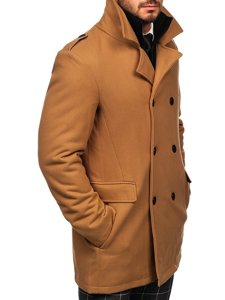 Men's Double-breasted Winter Coat with Detachable Stand Up Collar Camel Bolf 8805