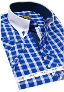 Men's Elegant Checked Short Sleeve Shirt Royal Blue Bolf 5531