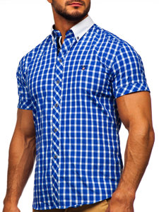 Men's Elegant Checked Short Sleeve Shirt Royal Blue Bolf 5531