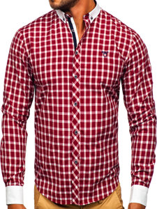 Men's Elegant Checkered Long Sleeve Shirt Claret Bolf 5737-1