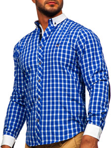 Men's Elegant Checkered Long Sleeve Shirt Cobalt Bolf 5737-1