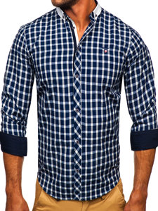 Men's Elegant Checkered Long Sleeve Shirt Navy Blue Bolf 5737-1