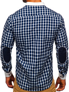 Men's Elegant Checkered Long Sleeve Shirt Navy Blue Bolf 5737-1