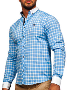 Men's Elegant Checkered Long Sleeve Shirt Sky Blue Bolf 5737-1