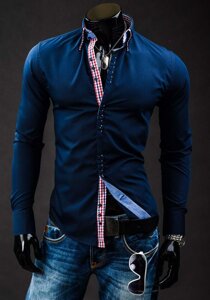 Men’s Elegant Long Sleeve Shirt Navy Blue Bolf 0926A