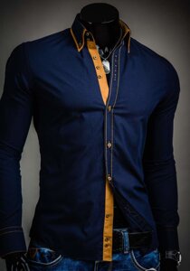 Men’s Elegant Long Sleeve Shirt Navy Blue Bolf 3703A