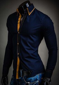 Men’s Elegant Long Sleeve Shirt Navy Blue Bolf 3703A