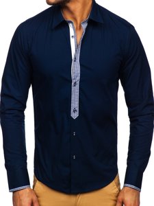 Men's Elegant Long Sleeve Shirt Navy Blue Bolf 6873