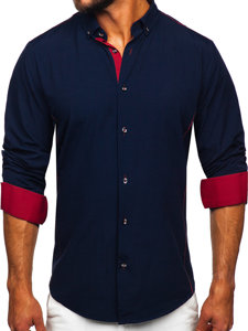 Men's Elegant Long Sleeve Shirt Navy Blue-Claret Bolf 5722-1