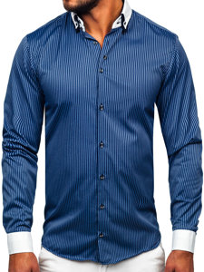 Men's Elegant Striped Long Sleeve Shirt Navy Blue Bolf 0909