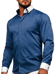 Men's Elegant Striped Long Sleeve Shirt Navy Blue Bolf 0909