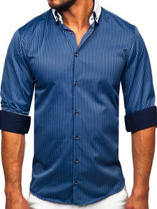 Men's Elegant Striped Long Sleeve Shirt Navy Blue Bolf 0909