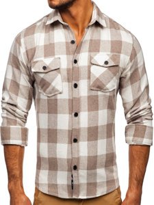 Men's Flannel Long Sleeve Shirt Beige Bolf 20723