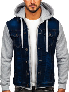 Men's Hooded Denim Jacket Navy Blue Bolf 801