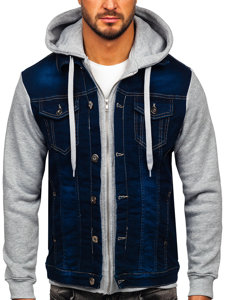 Men's Hooded Denim Jacket Navy Blue Bolf 801