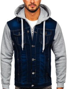 Men's Hooded Denim Jacket Navy Blue Bolf 801