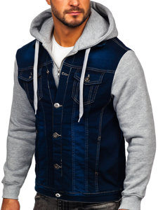 Men's Hooded Denim Jacket Navy Blue Bolf 801