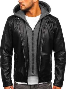 Men's Hooded Leather Jacket Black Bolf 1150