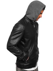 Men's Hooded Leather Jacket Black Bolf 1150