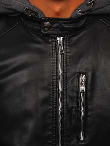 Men's Hooded Leather Jacket Black Bolf 1150