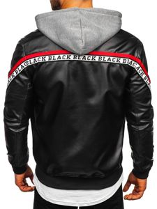 Men's Hooded Leather Jacket Black-Red Bolf HY614