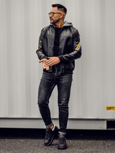 Men's Hooded Leather Jacket Black-Yellow Bolf HY614